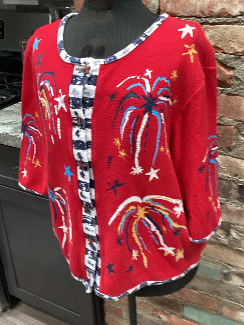 Patriotic Star Button Knit Cardigan - Red, Navy & White